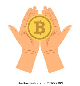 Hands holding bitcoin isolated on the white background, vector illustration