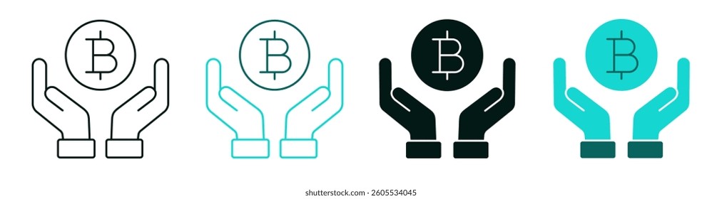 Hands holding bitcoin line icon set. Cryptocurrency, Bitcoin, crypto, Payment or Donation  concept. Hand with digital coin symbol for web or app. Give, pay, sell or buy logo. Editable vector stroke.