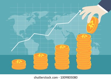 Hands holding up bitcoin, world map, rising arrow background