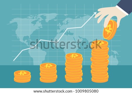 Hands holding up bitcoin, world map, rising arrow background