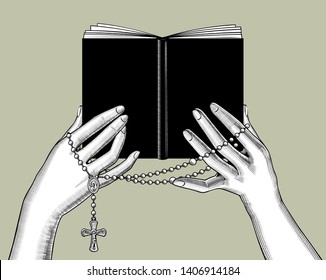 Hands holding a black book and prayer beads with a cross. Vintage engraving stylized drawing. Vector illustration