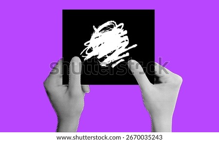 Hands Holding Black Card with White Scribbles on Purple Background