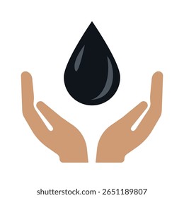 Mãos segurando uma gota preta 