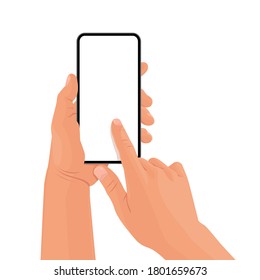 Hands holding the black smartphone with blank screen and modern frameless design. Template vector illustration on isolated background. 