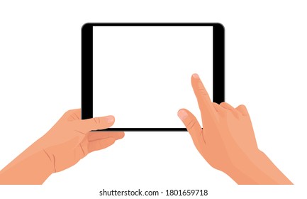 Hands holding the black smartphone tablet with blank screen and modern frameless design. Template vector illustration on isolated background. 