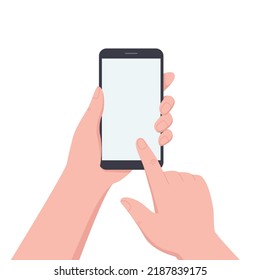 Hands holding black smartphone, touching blank screen. Using mobile phone. Flat vector illustration