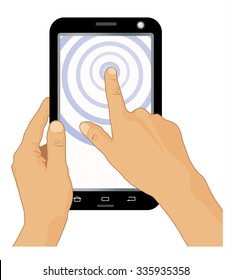 hands holding black smartphone, touching the screen. Using tablet PC