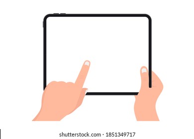 Hands holding black tablet with blank screen on white background. Human hand using digital tablet and finger touch screen. Template Mockup tablet pc with blank screen. Design for web site, mobile app