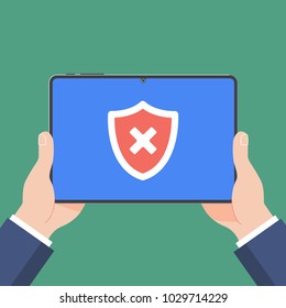 Hands holding black tablet device isolated on green background. Pad tablet on human's hands with check mark cross X in the red shield flat design vector illustration