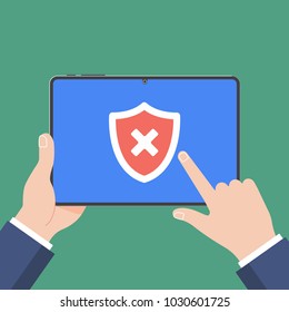 Hands holding black tablet device isolated on green background. Pad tablet on human's hands with check mark cross X in the red shield and index finger pointer touch flat design vector illustration