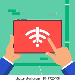 Hands holding black tablet device in front of green wall. Pad tablet in human hands with no wifi signal icon sign symbol on the screen flat design vector illustration.  Index finger touch screen.