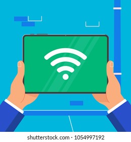 Hands holding black tablet device isolated on wall background. Pad tablet in human's hands with wifi symbol icon sign flat design vector illustration.  Concept of free wi-fi signal on the street.