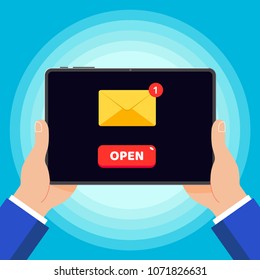 Hands holding black tablet device isolated on blue background. Pad tablet in human's hands  with new message, closed envelope, button OPEN flat design vector illustration.  Concept of sending emails