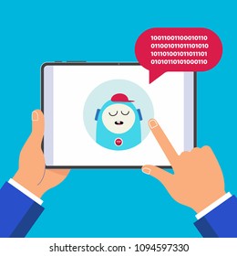 Hands holding black tablet device isolated on blue background. Pad tablet in human hands  chat bot icon and popped chat bubble above flat design vector illustration.  Pointer finger touch the screen.
