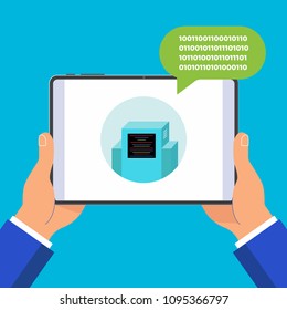 Hands holding black tablet device isolated on blue background. Pad tablet in human hands, bot icon and popped chat bubble above flat design vector illustration. Symbol of ai chat bot conversation.