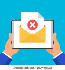 Hands holding black tablet with envelope open document paper sheet  page check mark cross no text icon sign vector illustration set. Symbol email delivery, verification flat design concept isolated.