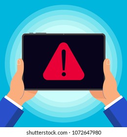 Hands holding black tablet with warning notice symbol icon sign on the screen isolated on background. Pad in human hand vector illustration flat design style. Attention, please!