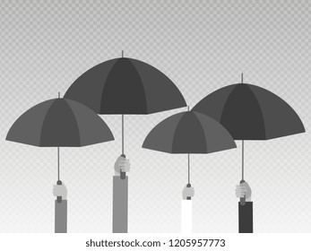 Hands holding black umbrellas isolated on transparent background. Vector illustration