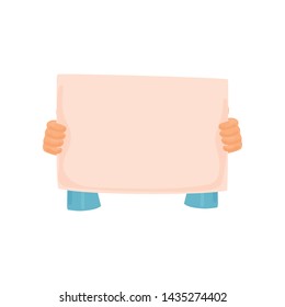 Hands holding a blank banner in front of them. Vector illustration on white background.