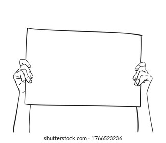 Hands holding blank banner. Vector sketch, Hand drawn illustration