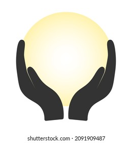 Hands holding blank circle with yellow gradient icon logo vector graphic design. Illustration isolated on white background