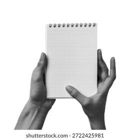 Hands holding blank notepad in black halftone dot style on white background. Minimal concept for note, message, idea, reminder, education, business, and creative communication design.