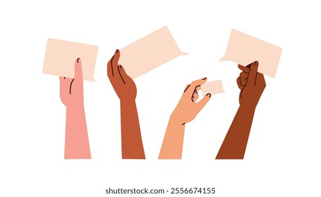 Hands holding blank paper cards, empty speech bubbles, messages for communication, chat. Sharing ideas, feedback, opinions, commenting, speaking. Flat vector illustration isolated on white background