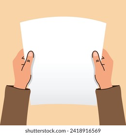 Hände, die leere Papierblattkarikaturen auf einer Vektorgrafik halten