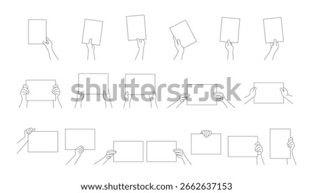 Hands holding blank paper sheet in various positions, illustrating different gestures and grips for displaying text or images