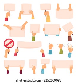 Hands Holding Blank Placards and Empty Protest Poster Big Vector Set