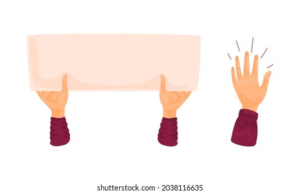 Hands holding blank placards set. Empty message poster, demonstration and political announcement cartoon vector illustration