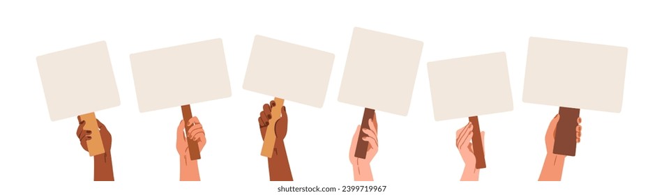 Hands holding blank placards, sign boards on sticks set. Arms with empty posters backgrounds on poles. Banners, signboards on handles for strike. Flat vector illustrations isolated on white background