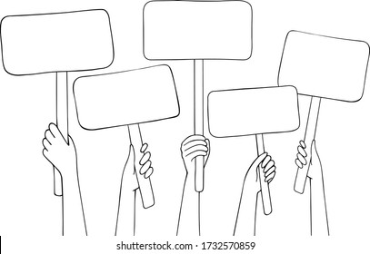 Hands are holding blank posters on sticks. Copy space for text. Black outlines isolated on a white background. Concept: advertise, announcement, protest, strike, crowd, voting. Vector illustration.