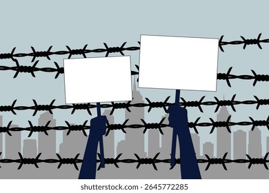Hands holding blank protest signs behind barbed wire and cityscape.