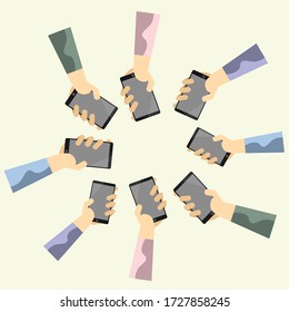 Hands holding blank screen smartphone in circle. Flat vector design. mobile community concept.