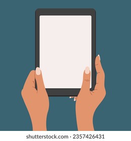 Manos sosteniendo una pantalla en blanco de un tablet. Uso de Tablet PC, diseño plano. Vector