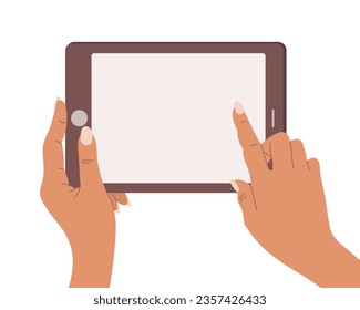 Hands holding a blank screen of a tablet computer. Tablet PC use, flat design. Vector