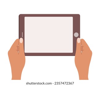 Manos sosteniendo una pantalla en blanco de un tablet. Uso de Tablet PC, diseño plano. Vector