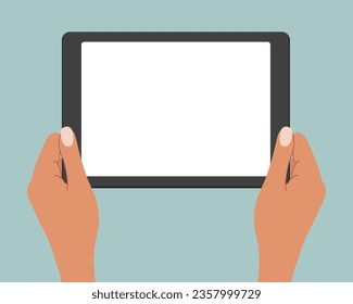 Hands holding a blank screen of a tablet computer. Tablet PC use, flat design. Vector