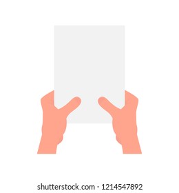 Hands holding a blank sheet of paper. Empty frame for writing an announcement, presentation. Vector illustration.