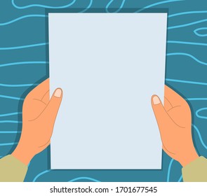 Hands are holding blank sheet paper  Vector flat cartoon illustration  Concept: list  letter  read  instruction  pass  letter  consider  read  drawing 