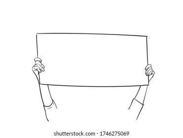 Hands holding blank sign board. Vector sketch, Hand drawn illustration