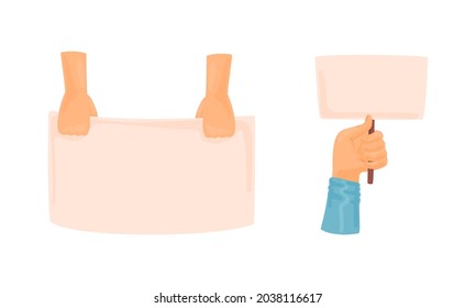 Hands holding blank sign boards set. Empty message poster cartoon vector illustration