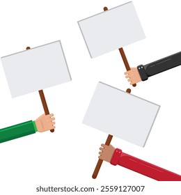 Hands Holding Blank Sign, Hands holding blank protest poster. Cartoon vector illustration. Placard and poster empty, protest announcement board