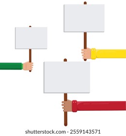 Hands Holding Blank Sign, Hands holding blank protest poster. Cartoon vector illustration. Placard and poster empty, protest announcement board