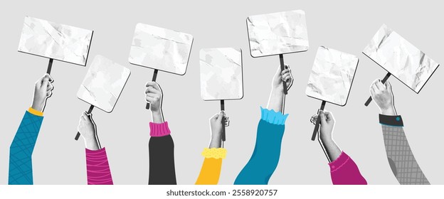 Hands holding blank signs collage. Mixed media halftone arms raising blank placards with crumpled paper effect. Community unity and social protest demonstration concept vector illustration.