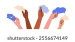 Hands holding a blank speech bubbles, clouds with ideas, information, thoughts. Communication, opinion, feedback, dialogue concept. Flat vector illustrations set isolated on white background