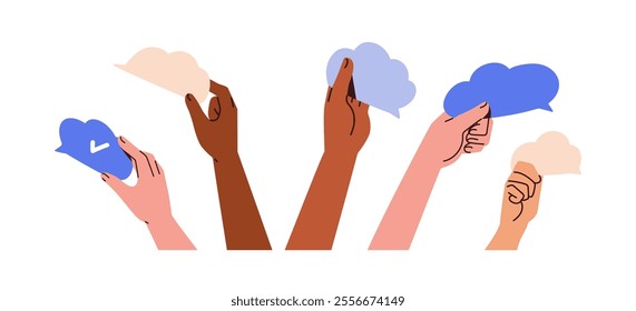 Hands holding a blank speech bubbles, clouds with ideas, information, thoughts. Communication, opinion, feedback, dialogue concept. Flat vector illustrations set isolated on white background