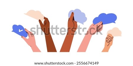 Hands holding a blank speech bubbles, clouds with ideas, information, thoughts. Communication, opinion, feedback, dialogue concept. Flat vector illustrations set isolated on white background