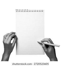 Hands holding blank spiral notepad and pen, minimal black and white halftone illustration. Concept of planning, notes, writing, education, business idea and creative process.